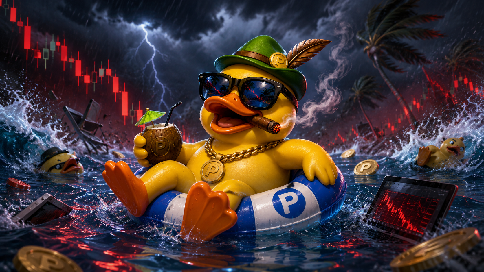 POOLY floating calmly in a chaotic bear market scene