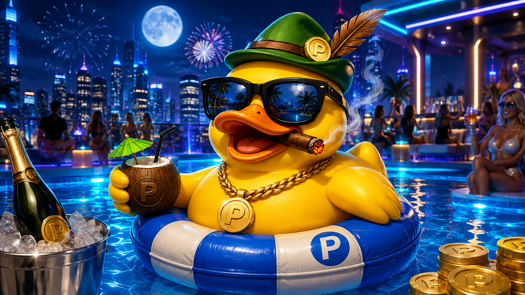 POOLY at a rooftop pool party at night
